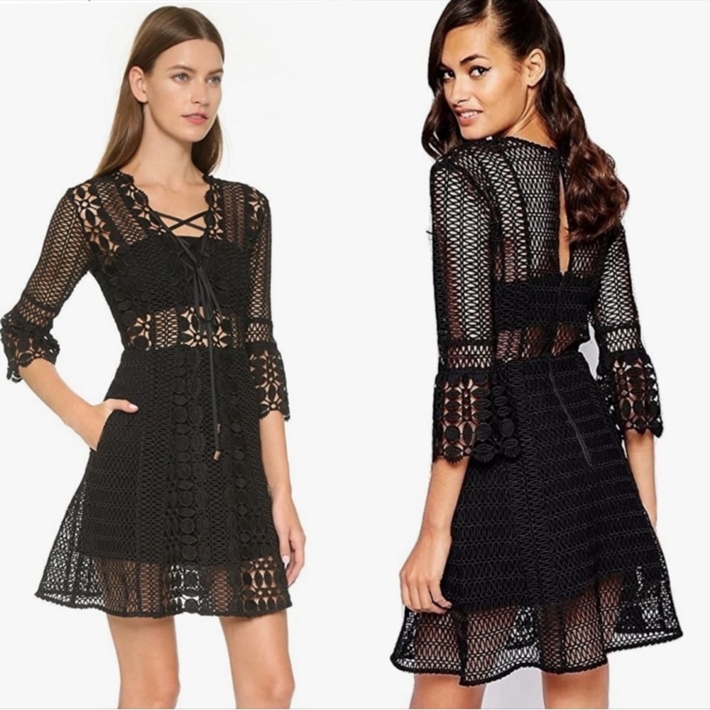 NWOT SELF-PORTRAIT A LINE GUIPURE LACE MINI DRESS Black Sz 2